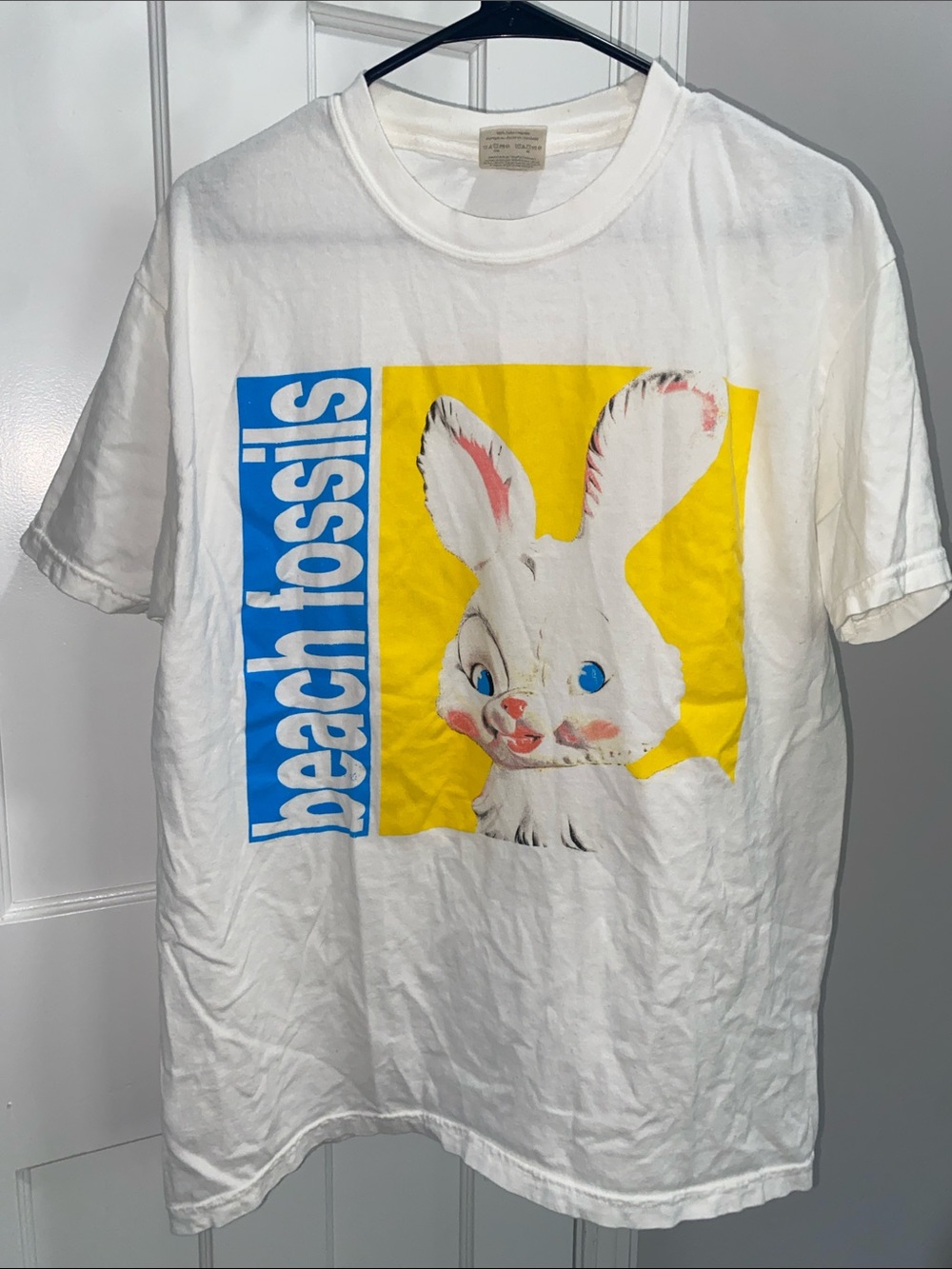 Beach Fossils Bunny White Graphic Tee with Yellow & Blue Bunny